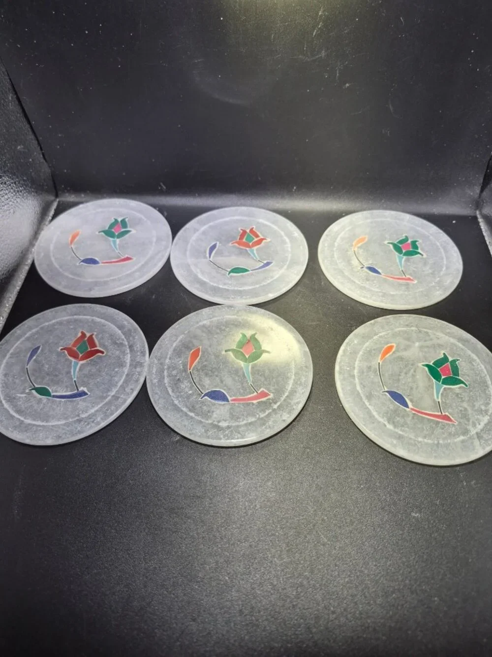 Marble Coaster Set With Floral Inlay Design 6 Coasters And Holder